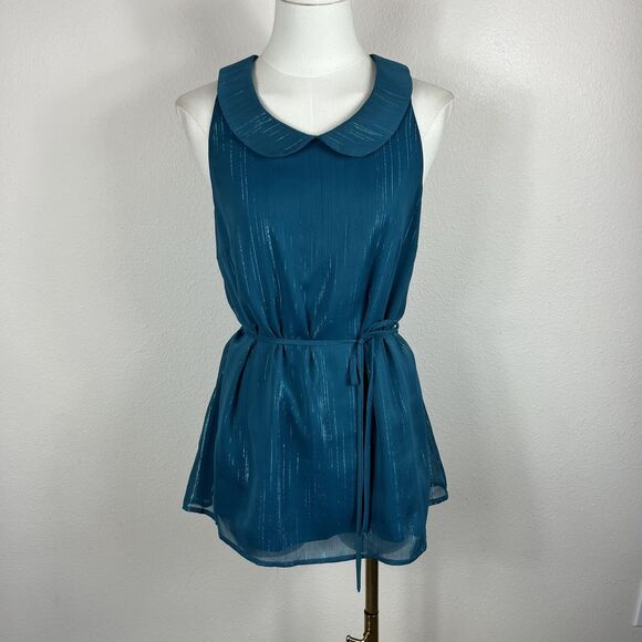 ModCloth Top Womens Small Teal Peter Pan Collar Metallic Belted Blouse Mod Retro - Picture 2 of 10